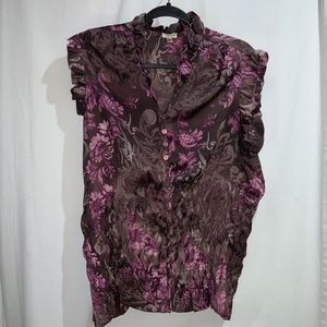 Agora vintage satin floral blouse Sz XL button front ruffle sleeve & neck